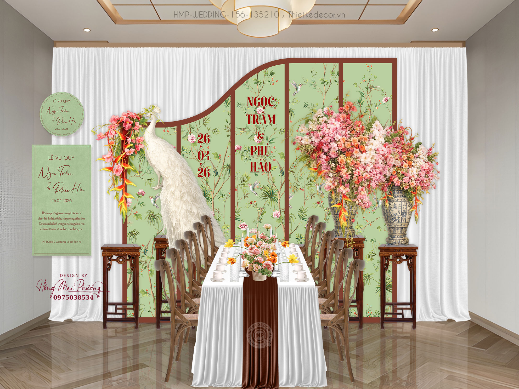 File thiết kế Gia tiên, trang trí tiệc cưới đẹp toen trắng mĩ xanh lá in họa tiết kèm tiểu cảnh đi kèm